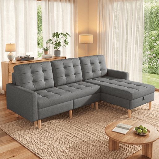 Chaise longue 3 lugares fixa reversÃvel de tecido com armazenamento,cinza Chaise longue 3 lugares fixa reversÃvel de tecido com armazenamento,cinza