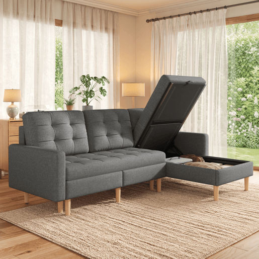 Chaise longue 3 lugares fixa reversÃvel de tecido com armazenamento,cinza Chaise longue 3 lugares fixa reversÃvel de tecido com armazenamento,cinza