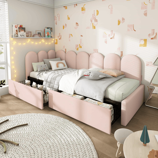 Sofá-cama com 2 gavetas - tecido de veludo - 90x200 cm - com estrado de molas - Rosa