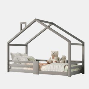 Cama de cabina com grelha de proteção - 90x200cm - madeira maciça - Cinzento