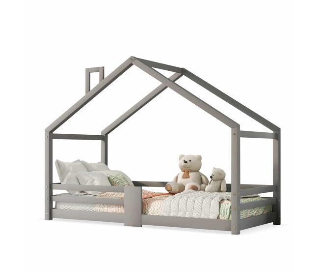 Cama cabina con rejilla protectora - 90x200cm - madera maciza - gris