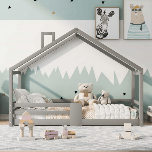 Cama de cabina com grelha de proteção - 90x200cm - madeira maciça - Cinzento Cama de cabina com grelha de proteção - 90x200cm - madeira maciça - Cinzento