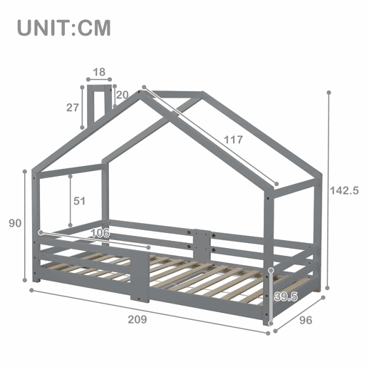 Cama de cabina com grelha de proteção - 90x200cm - madeira maciça - Cinzento Cama de cabina com grelha de proteção - 90x200cm - madeira maciça - Cinzento