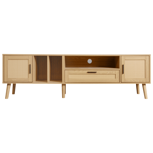 Suporte para TV 180cm decorado com rotim - 2 portas e 1 gaveta - pés de madeira maciça - Natural