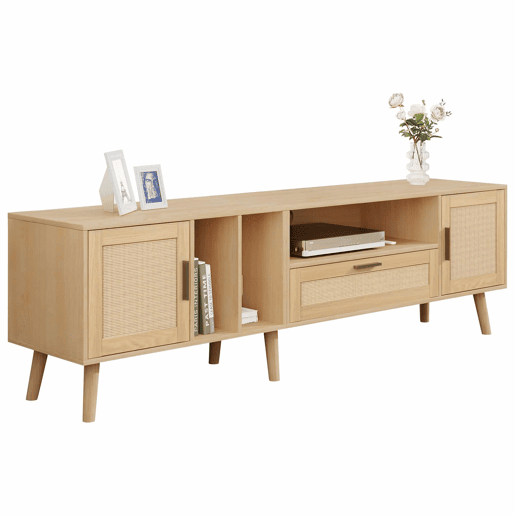Suporte para TV 180cm decorado com rotim - 2 portas e 1 gaveta - pés de madeira maciça - Natural