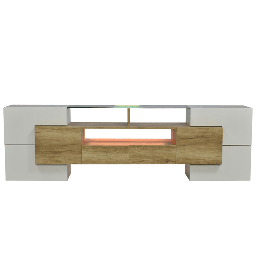 Suporte de TV de madeira de 2 m com 2 gavetas e 2 prateleiras abertas - Branco Suporte de TV de madeira de 2 m com 2 gavetas e 2 prateleiras abertas - Branco