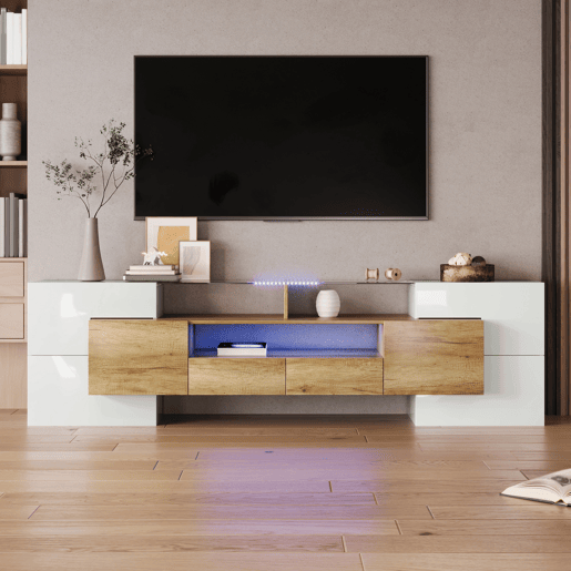 Suporte de TV de madeira de 2 m com 2 gavetas e 2 prateleiras abertas - Branco Suporte de TV de madeira de 2 m com 2 gavetas e 2 prateleiras abertas - Branco