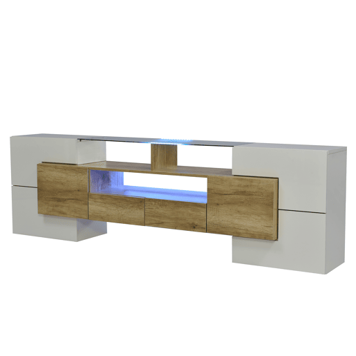 Suporte de TV de madeira de 2 m com 2 gavetas e 2 prateleiras abertas - Branco Suporte de TV de madeira de 2 m com 2 gavetas e 2 prateleiras abertas - Branco