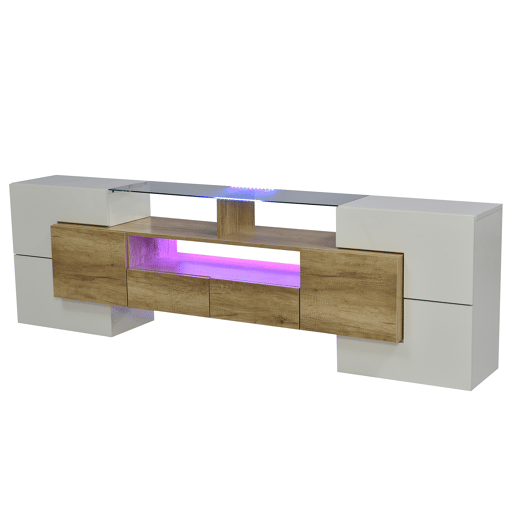 Suporte de TV de madeira de 2 m com 2 gavetas e 2 prateleiras abertas - Branco Suporte de TV de madeira de 2 m com 2 gavetas e 2 prateleiras abertas - Branco