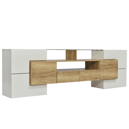 Suporte de TV de madeira de 2 m com 2 gavetas e 2 prateleiras abertas - Branco Suporte de TV de madeira de 2 m com 2 gavetas e 2 prateleiras abertas - Branco