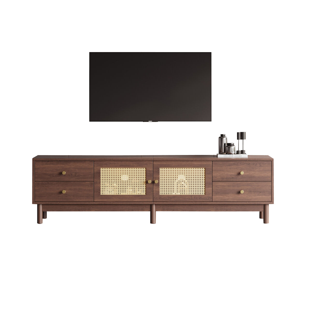 Mueble para tv - con 2 puertas de ratán y 4 cajones - apto para televisores de hasta 80" - marrón