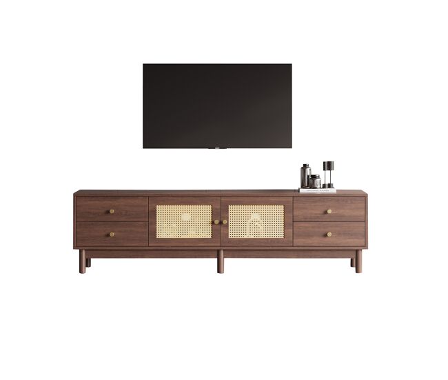 Mueble para tv - con 2 puertas de ratán y 4 cajones - apto para televisores de hasta 80" - marrón