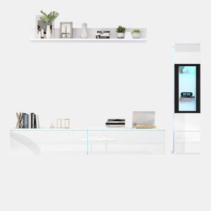 Armário TV com arrumação - Armário TV + Vitrina com LED + Ecrã - Branco