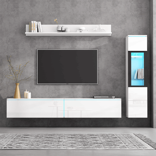 Armário TV com arrumação - Armário TV + Vitrina com LED + Ecrã - Branco