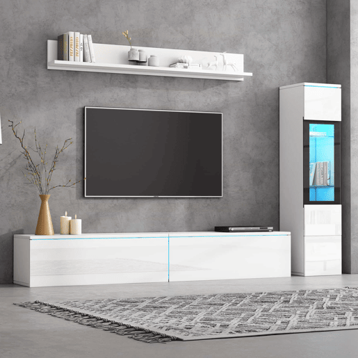 Armário TV com arrumação - Armário TV + Vitrina com LED + Ecrã - Branco