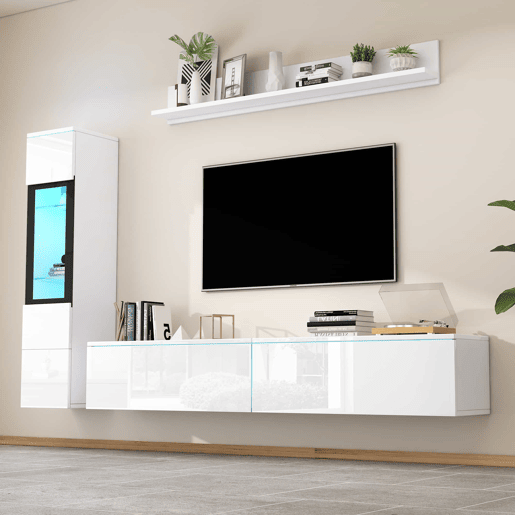 Armário TV com arrumação - Armário TV + Vitrina com LED + Ecrã - Branco