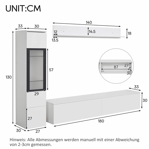 Armário TV com arrumação - Armário TV + Vitrina com LED + Ecrã - Branco