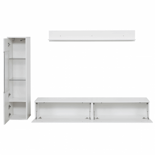 Armário TV com arrumação - Armário TV + Vitrina com LED + Ecrã - Branco
