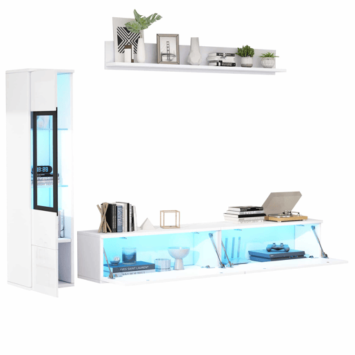 Armário TV com arrumação - Armário TV + Vitrina com LED + Ecrã - Branco