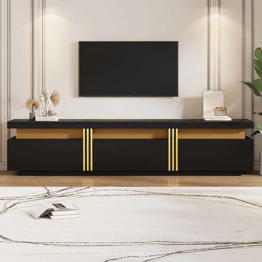 Móvel TV moderno 200 cm - com 3 gavetas - efeito mármore - Preto Móvel TV moderno 200 cm - com 3 gavetas - efeito mármore - Preto