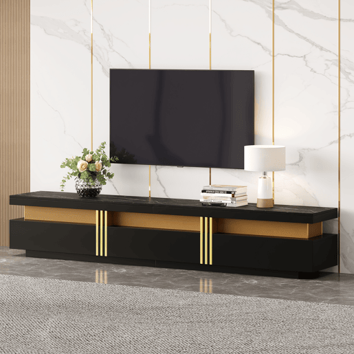 Móvel TV moderno 200 cm - com 3 gavetas - efeito mármore - Preto Móvel TV moderno 200 cm - com 3 gavetas - efeito mármore - Preto