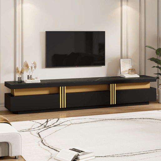 Móvel TV moderno 200 cm - com 3 gavetas - efeito mármore - Preto Móvel TV moderno 200 cm - com 3 gavetas - efeito mármore - Preto