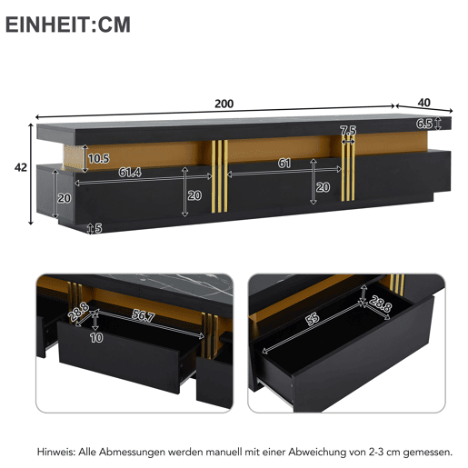 Móvel TV moderno 200 cm - com 3 gavetas - efeito mármore - Preto Móvel TV moderno 200 cm - com 3 gavetas - efeito mármore - Preto