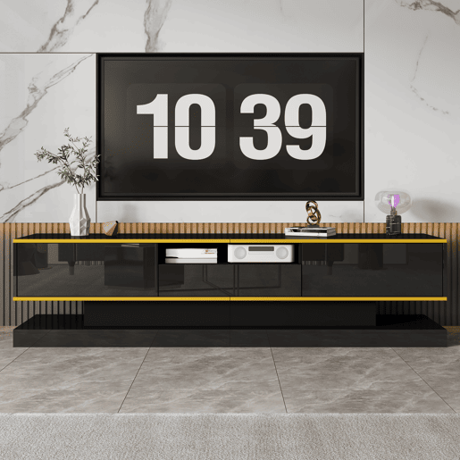 Móvel de TV moderno 180 cm - Três gavetas e um compartimento aberto - Alto brilho com luzes LED que mudam de cor Móvel de TV moderno 180 cm - Três gavetas e um compartimento aberto - Alto brilho com luzes LED que mudam de cor