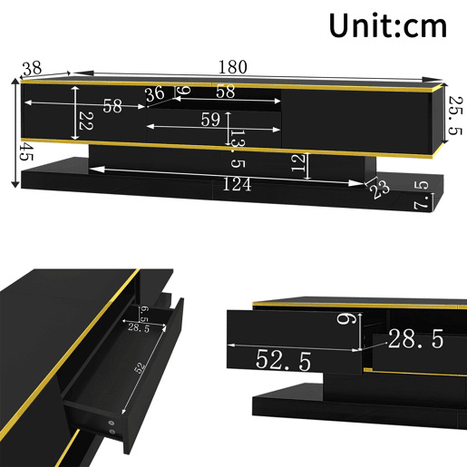Móvel de TV moderno 180 cm - Três gavetas e um compartimento aberto - Alto brilho com luzes LED que mudam de cor Móvel de TV moderno 180 cm - Três gavetas e um compartimento aberto - Alto brilho com luzes LED que mudam de cor