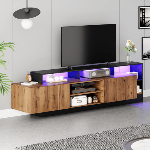 Móvel de TV moderno para TVs até 70 - Prateleira aberta com LED - Cor preta e carvalho Móvel de TV moderno para TVs até 70 - Prateleira aberta com LED - Cor preta e carvalho