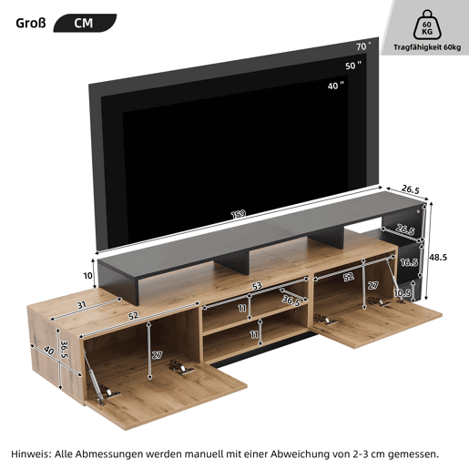 Móvel de TV moderno para TVs até 70 - Prateleira aberta com LED - Cor preta e carvalho Móvel de TV moderno para TVs até 70 - Prateleira aberta com LED - Cor preta e carvalho