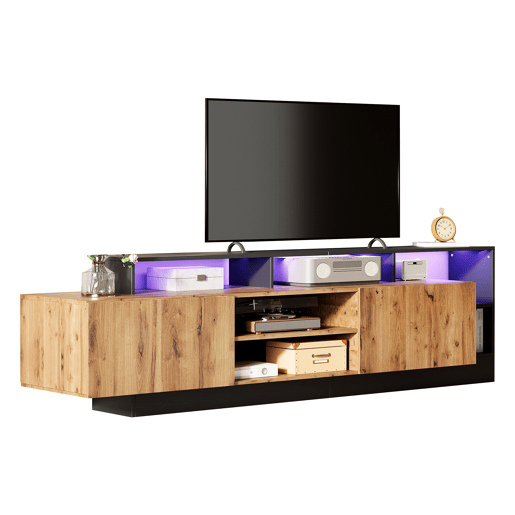 Móvel de TV moderno para TVs até 70 - Prateleira aberta com LED - Cor preta e carvalho Móvel de TV moderno para TVs até 70 - Prateleira aberta com LED - Cor preta e carvalho
