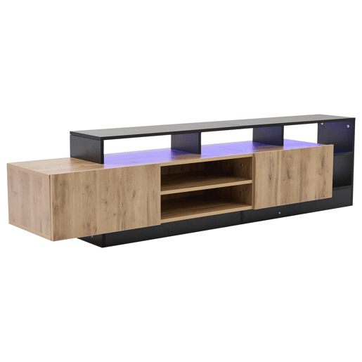 Móvel de TV moderno para TVs até 70 - Prateleira aberta com LED - Cor preta e carvalho Móvel de TV moderno para TVs até 70 - Prateleira aberta com LED - Cor preta e carvalho
