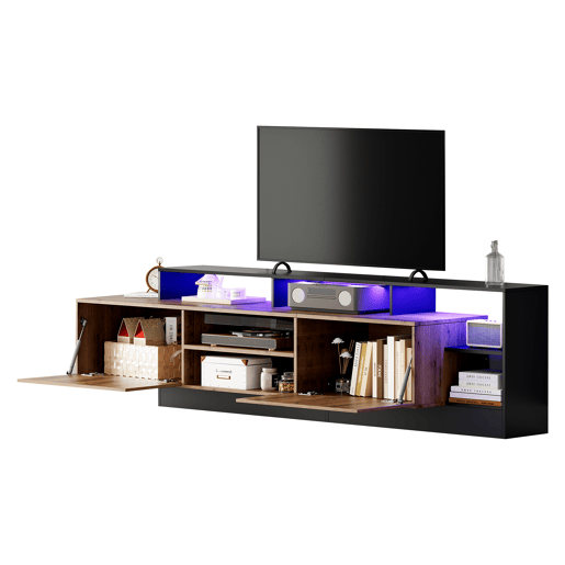 Móvel de TV moderno para TVs até 70 - Prateleira aberta com LED - Cor preta e carvalho Móvel de TV moderno para TVs até 70 - Prateleira aberta com LED - Cor preta e carvalho