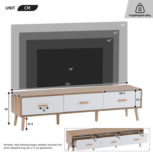 Suporte para TV 150 cm - 3 gavetas - aglomerado de partículas - Branco