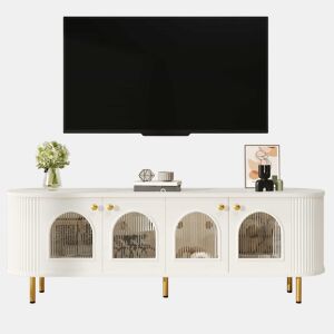 Móvel de TV Lowboard - Com portas de vidro, móveis práticos para arrumação na sala, com puxadores e pés dourados - Branco+Dourado