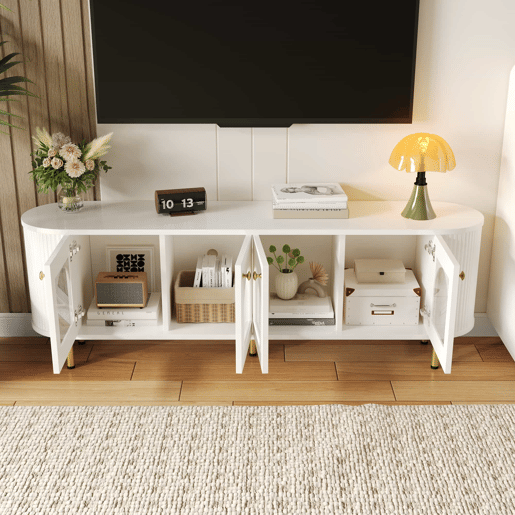Móvel de TV Lowboard - Com portas de vidro, móveis práticos para arrumação na sala, com puxadores e pés dourados - Branco+Dourado
