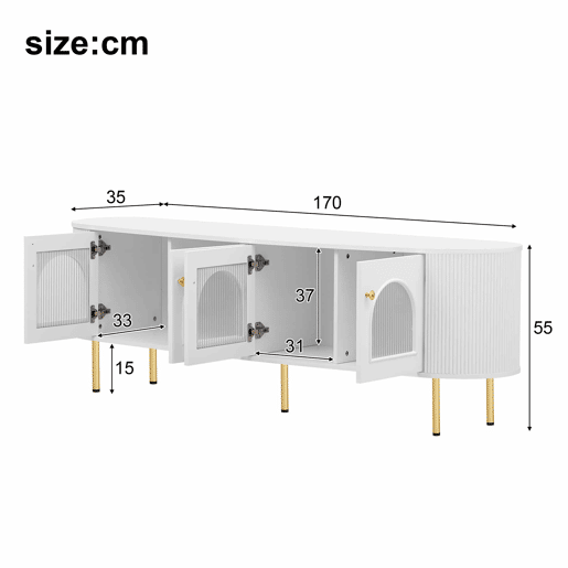 Móvel de TV Lowboard - Com portas de vidro, móveis práticos para arrumação na sala, com puxadores e pés dourados - Branco+Dourado
