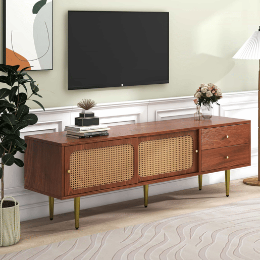 Móvel de TV 160x40x60 cm - Estilo moderno com portas de correr em rattan e gavetas - Nogueira e rattan escuro