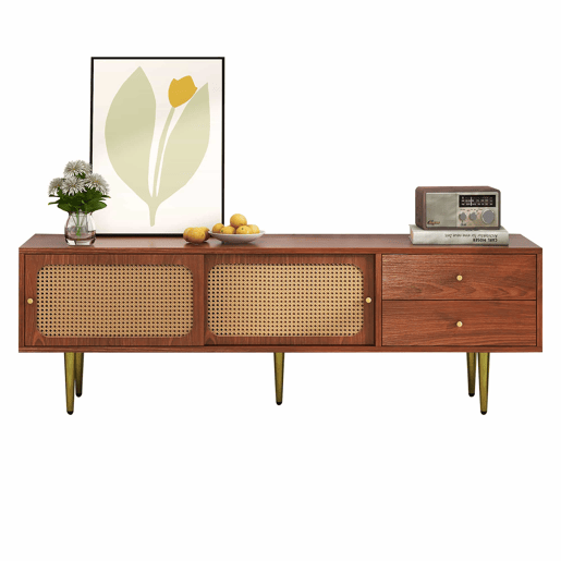 Móvel de TV 160x40x60 cm - Estilo moderno com portas de correr em rattan e gavetas - Nogueira e rattan escuro