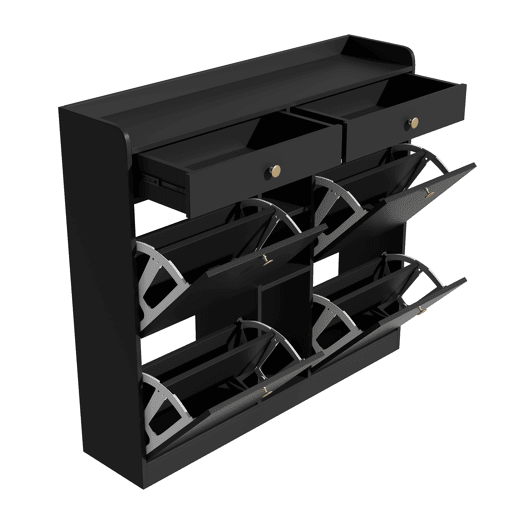 Armário para sapatos preto 110x26x100 cm - 4 portas batentes, 2 gavetas, 3 compartimentos abertos