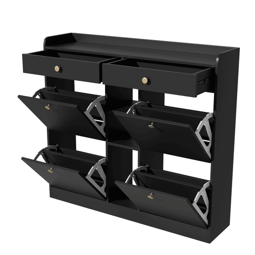 Armário para sapatos preto 110x26x100 cm - 4 portas batentes, 2 gavetas, 3 compartimentos abertos