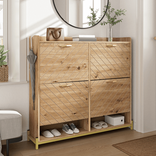 Estante para sapatos moderna com 4 portas - Móvel compacto para entrada - Estilo madeira