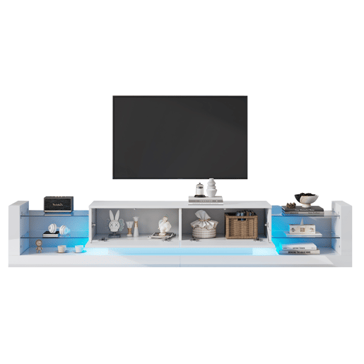 Móvel TV com LED - 2 compartimentos rebatíveis e prateleiras de vidro - Branco Móvel TV com LED - 2 compartimentos rebatíveis e prateleiras de vidro - Branco