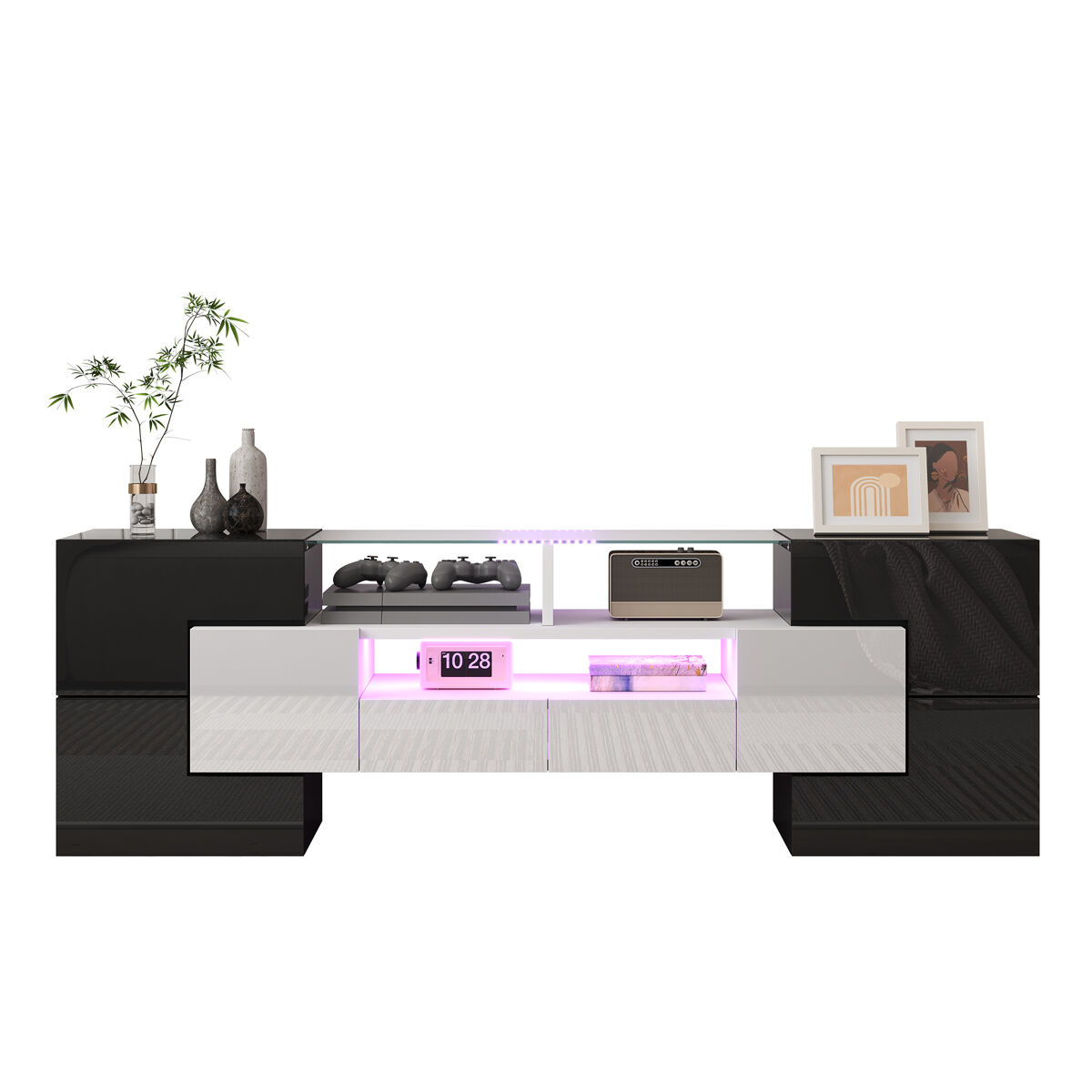mueble tv 145 cm - diseno moderno superficie de vidrio elegante con iluminacion led - blanconegro