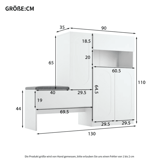 Sapateira 130x35x110 cm - 2 em 1 com portas curvas, Soft-Close, prateleiras ajustáveis, assento almofadado - Branco