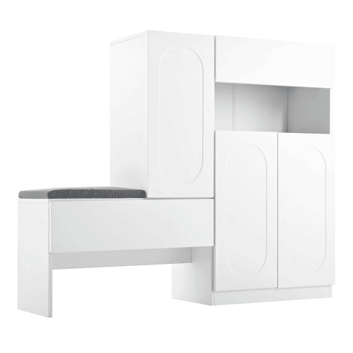 Sapateira 130x35x110 cm - 2 em 1 com portas curvas, Soft-Close, prateleiras ajustáveis, assento almofadado - Branco