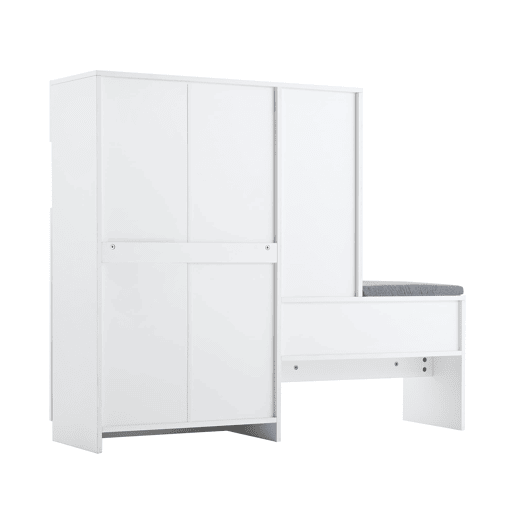 Sapateira 130x35x110 cm - 2 em 1 com portas curvas, Soft-Close, prateleiras ajustáveis, assento almofadado - Branco