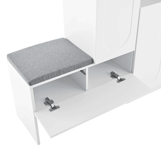 Sapateira 130x35x110 cm - 2 em 1 com portas curvas, Soft-Close, prateleiras ajustáveis, assento almofadado - Branco