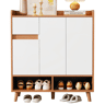 Sapateira com prateleiras ajustáveis - Organizador minimalista com pés em madeira maciça - 99x90x35 cm - Branco + Natural